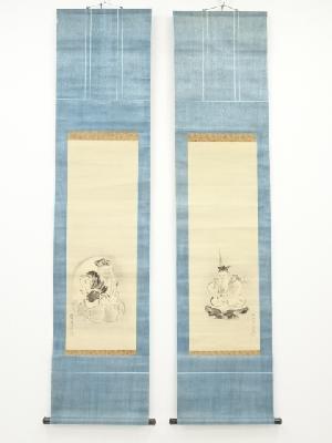 狩野邦信筆　恵比須大黒　双幅　肉筆絹本掛軸（箱付）